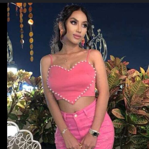 Shein Heart Pattern Tank Top Pink Pearls 6 - Picture 4 of 10